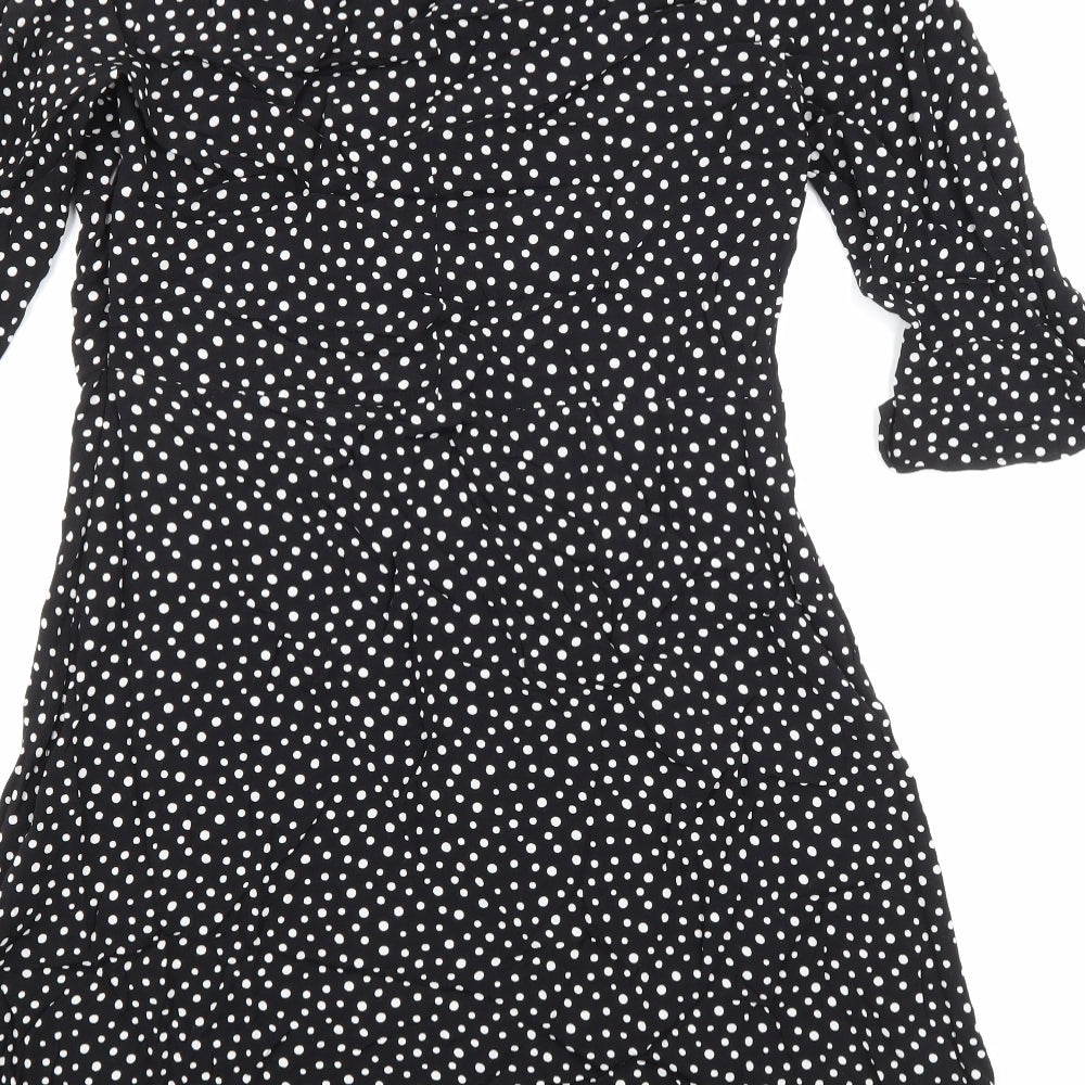 NEXT Womens Black Polka Dot Viscose Skater Dress Size 12 Round Neck Zip - Ruffle Sleeves