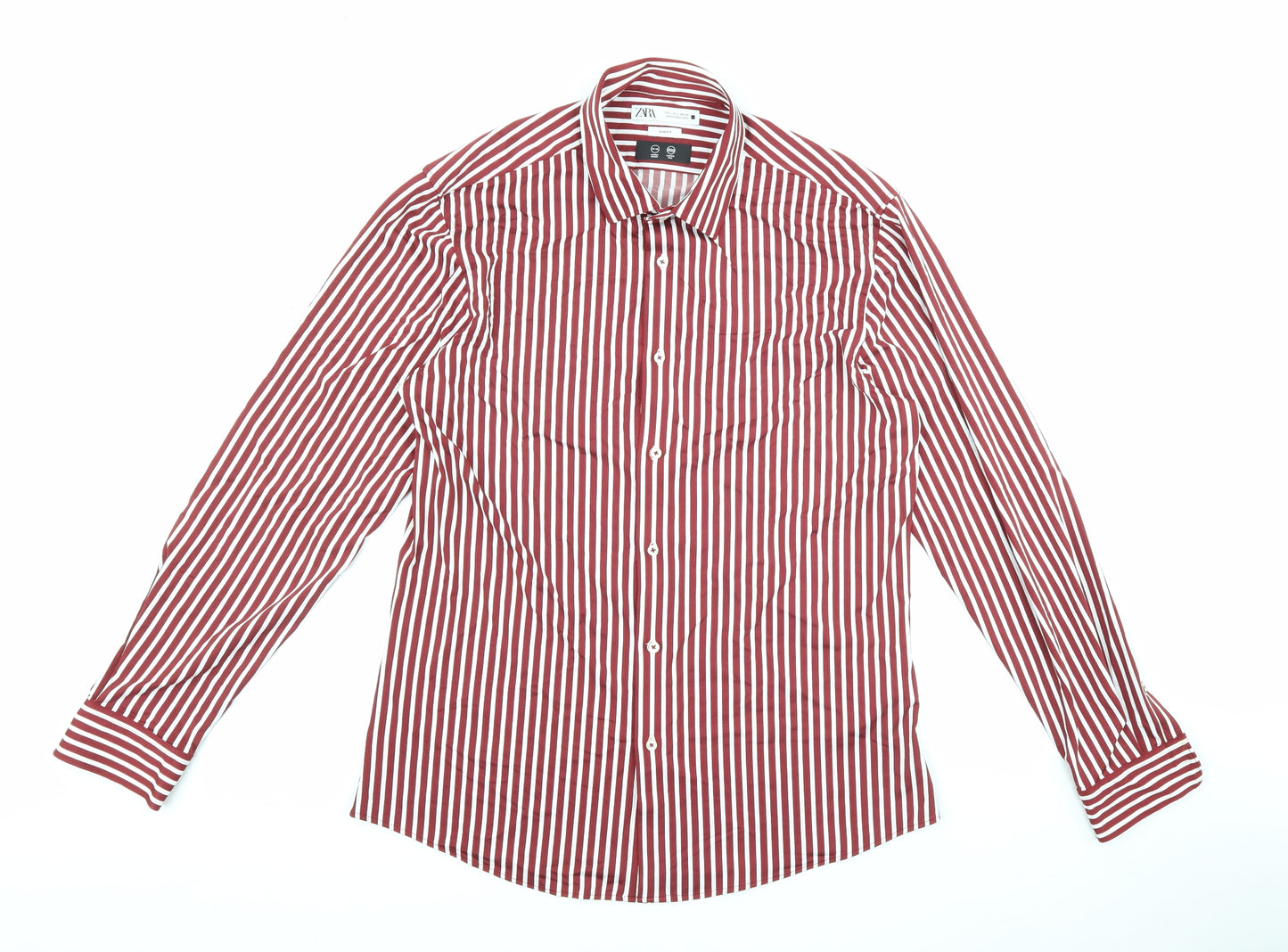 Zara Mens Red Striped Polyamide Dress Shirt Size L Collared Button - Red with white stripes