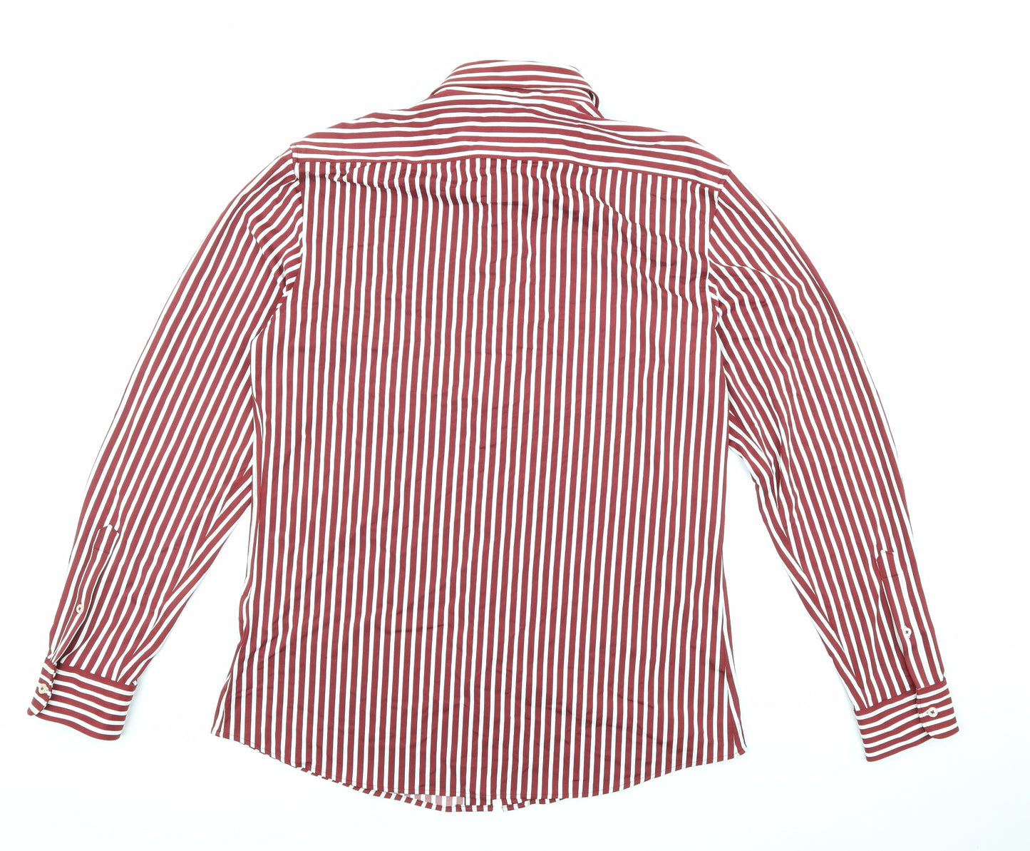 Zara Mens Red Striped Polyamide Dress Shirt Size L Collared Button - Red with white stripes