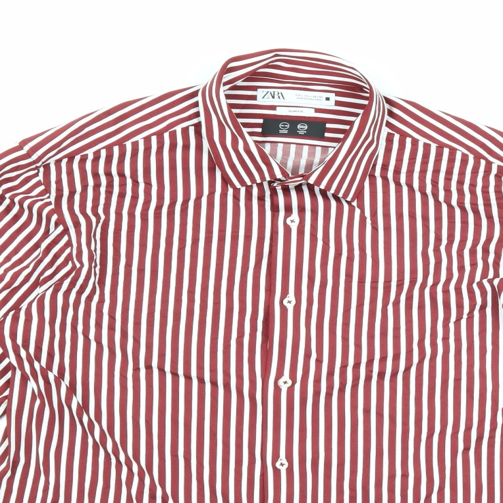 Zara Mens Red Striped Polyamide Dress Shirt Size L Collared Button - Red with white stripes