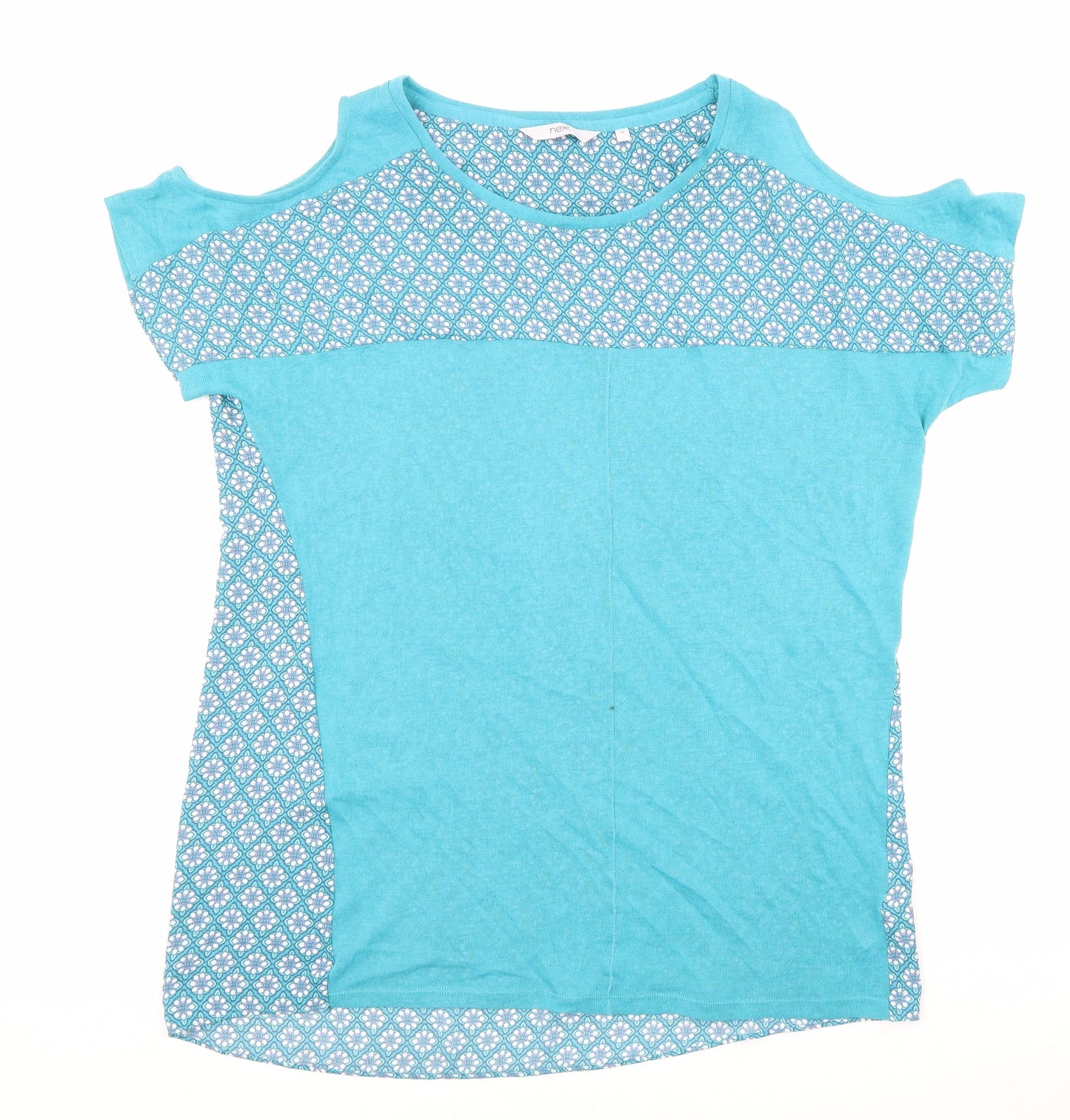 NEXT Womens Blue Geometric Polyester Basic T-Shirt Size 16 Round Neck - Floral Detail Cold Shoulder