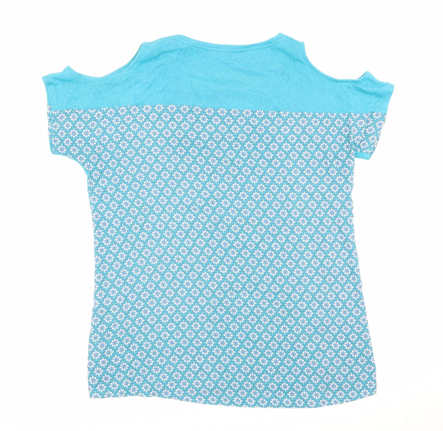 NEXT Womens Blue Geometric Polyester Basic T-Shirt Size 16 Round Neck - Floral Detail Cold Shoulder