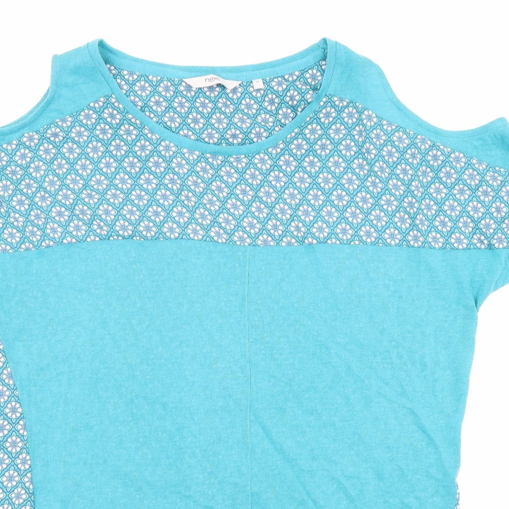 NEXT Womens Blue Geometric Polyester Basic T-Shirt Size 16 Round Neck - Floral Detail Cold Shoulder