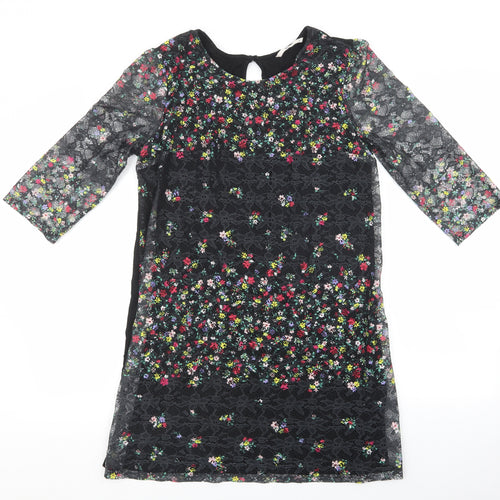 TU Woman Womens Black Floral Viscose T-Shirt Dress Size 12 Round Neck Button - Lace Overlay