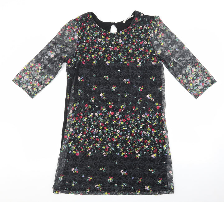 TU Woman Womens Black Floral Viscose T-Shirt Dress Size 12 Round Neck Button - Lace Overlay