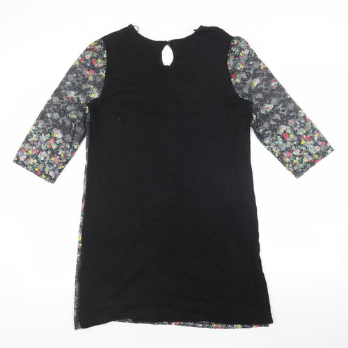 TU Woman Womens Black Floral Viscose T-Shirt Dress Size 12 Round Neck Button - Lace Overlay
