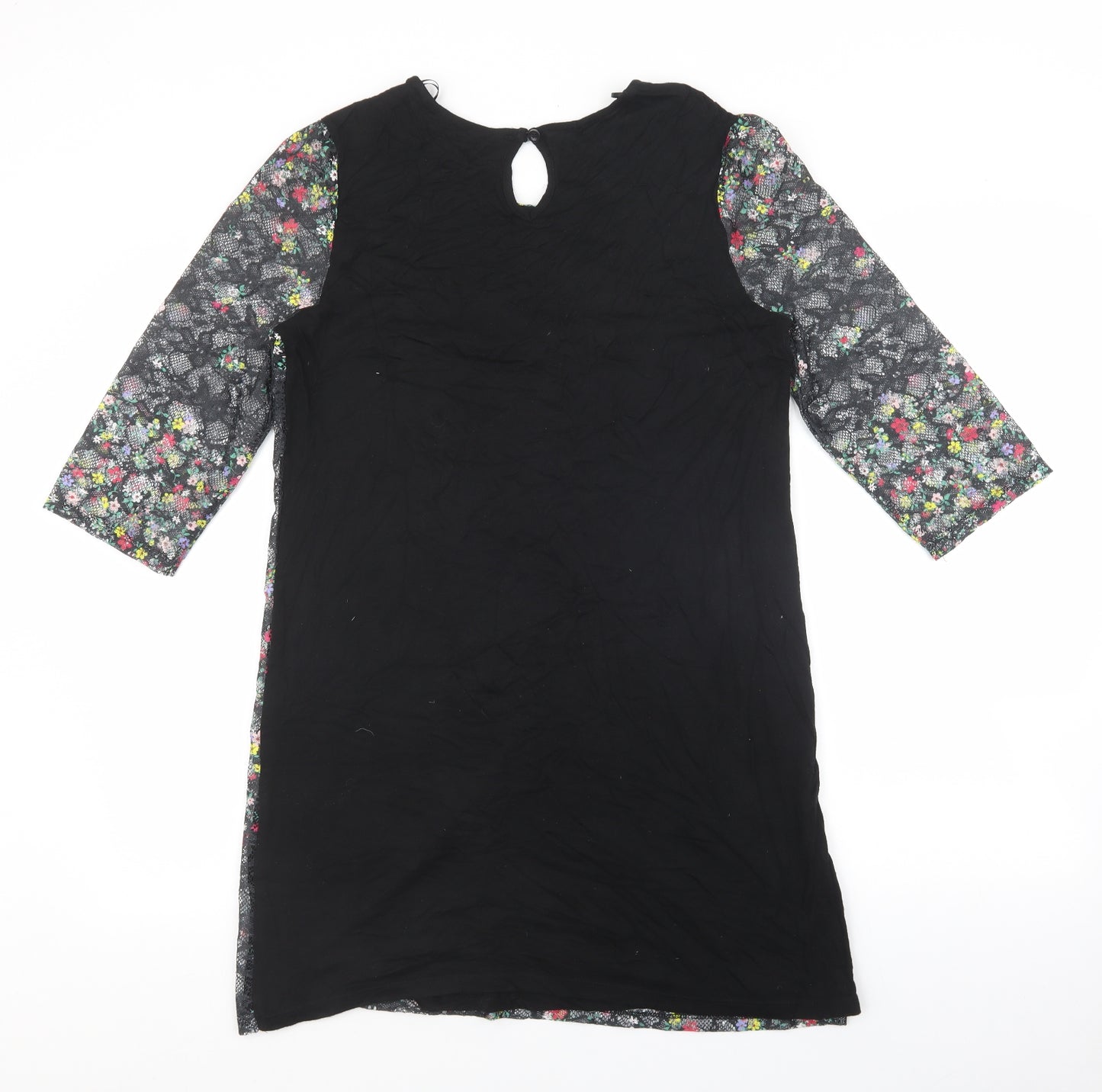 TU Woman Womens Black Floral Viscose T-Shirt Dress Size 12 Round Neck Button - Lace Overlay