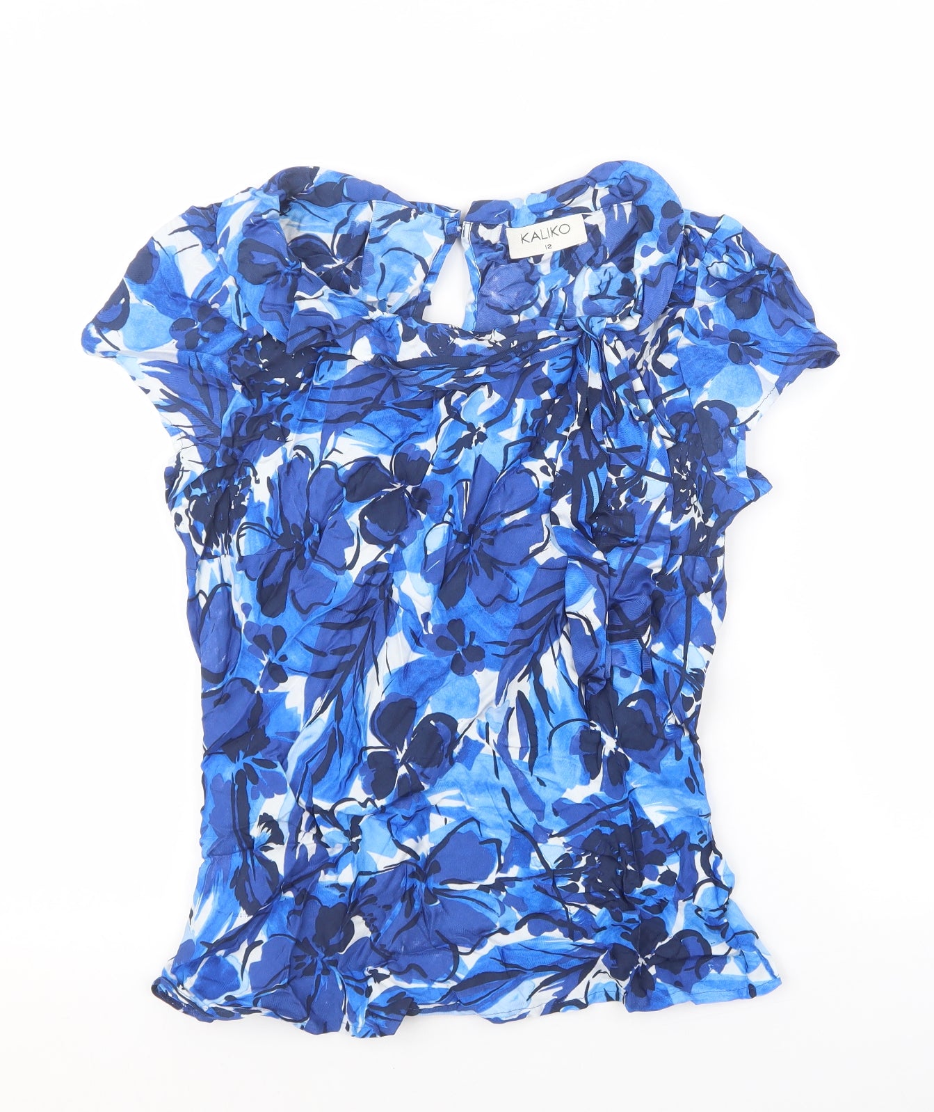 Kaliko Womens Blue Floral Viscose Basic Blouse Size 12 Round Neck - Floral blue and white design