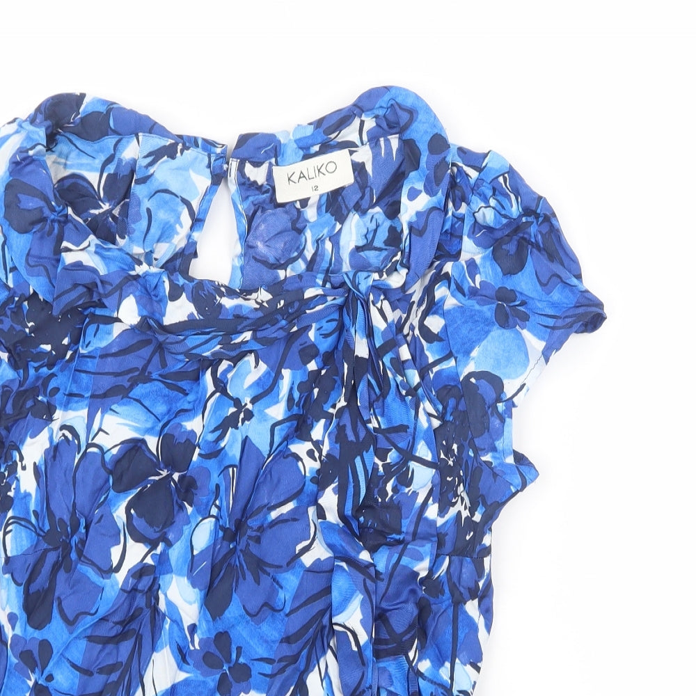 Kaliko Womens Blue Floral Viscose Basic Blouse Size 12 Round Neck - Floral blue and white design