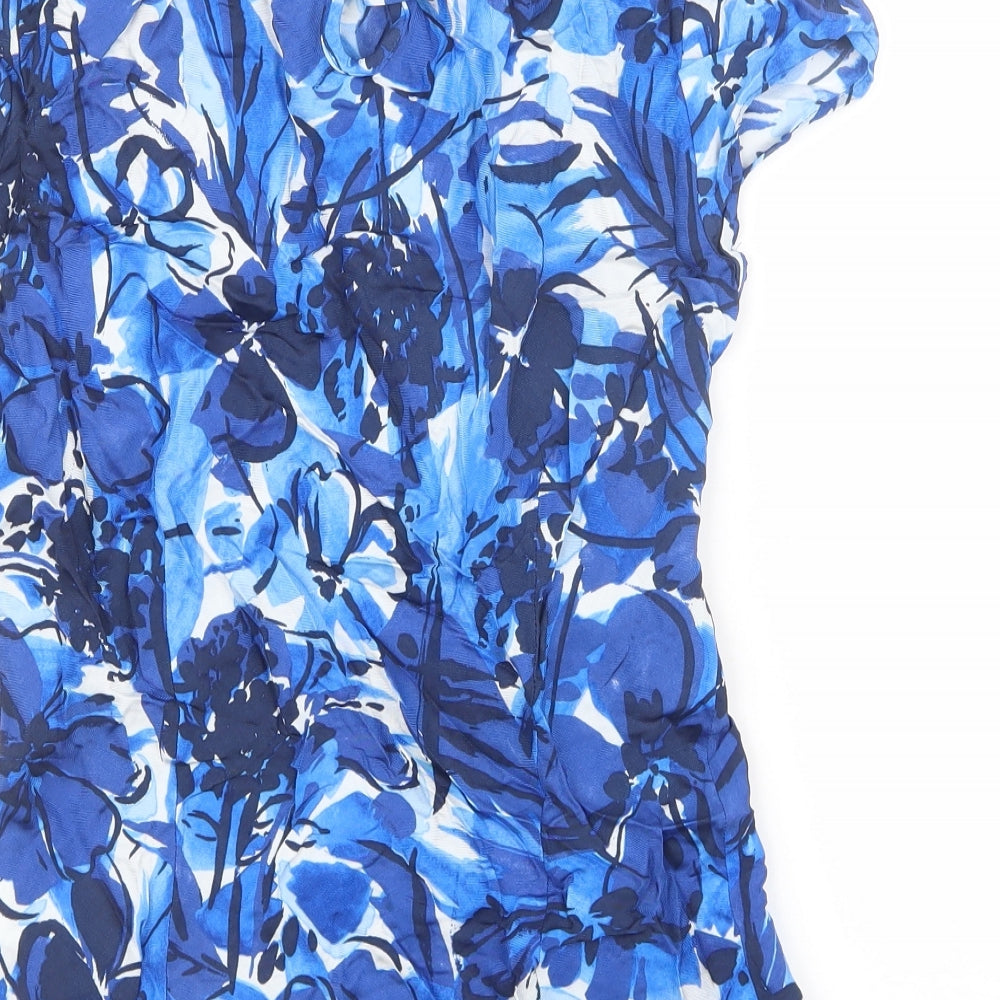 Kaliko Womens Blue Floral Viscose Basic Blouse Size 12 Round Neck - Floral blue and white design