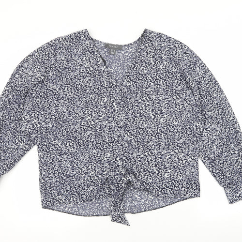 Primark Womens Blue Geometric Polyester Basic Blouse Size 10 V-Neck - Navy blue and white pattern