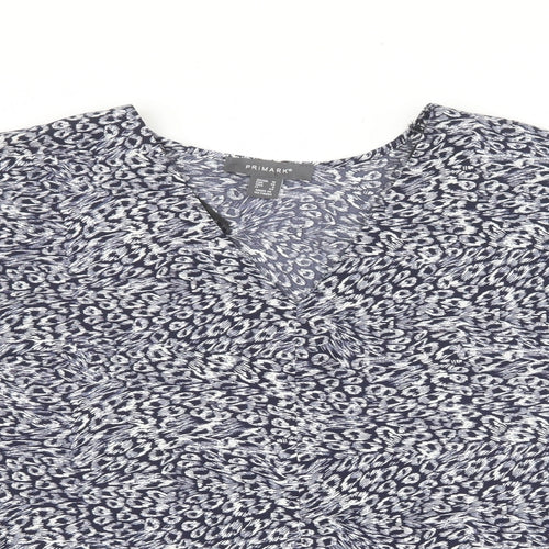 Primark Womens Blue Geometric Polyester Basic Blouse Size 10 V-Neck - Navy blue and white pattern