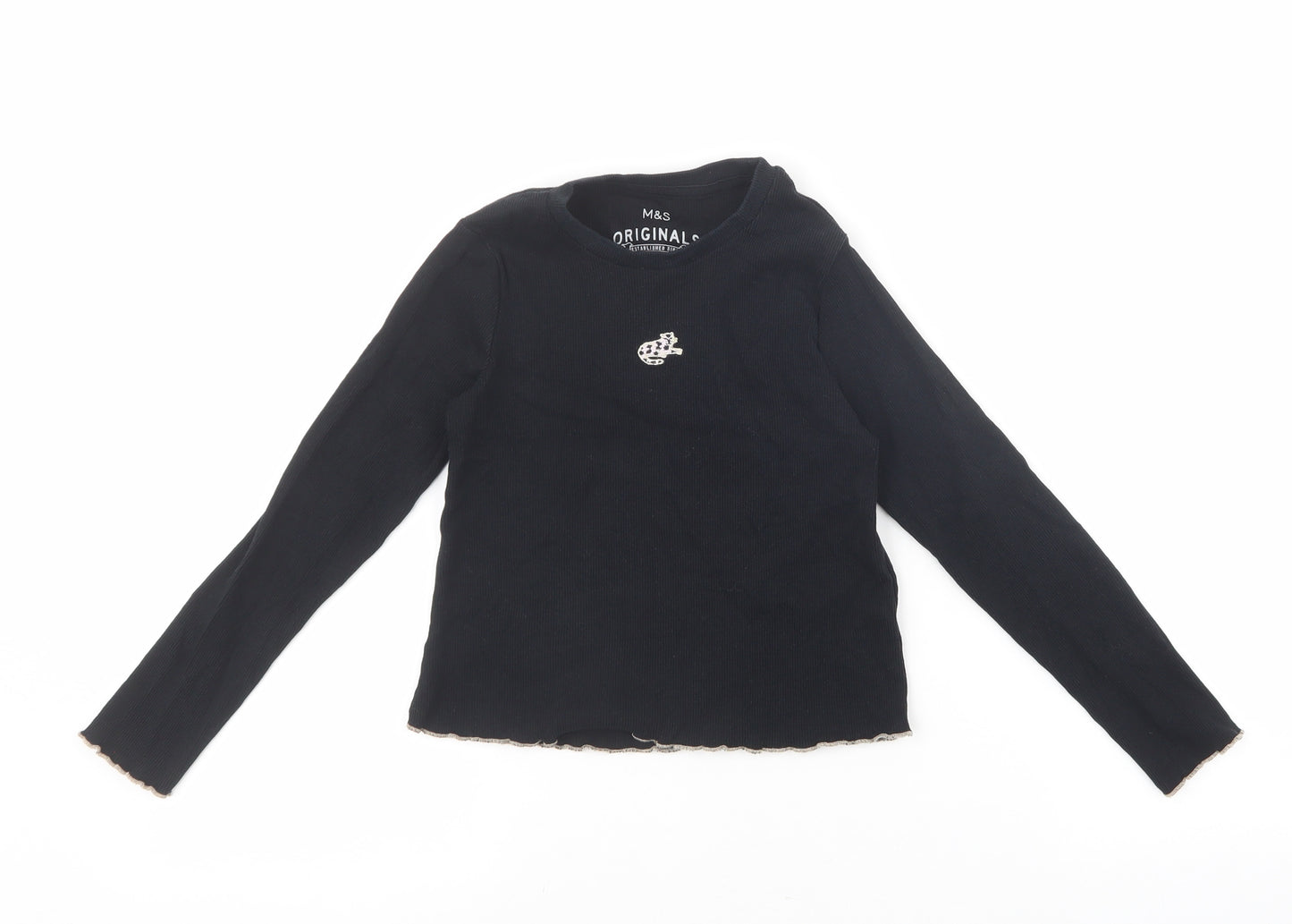 Marks and Spencer Girls Black Cotton Basic T-Shirt Size 6-7 Years Round Neck Pullover - Cat