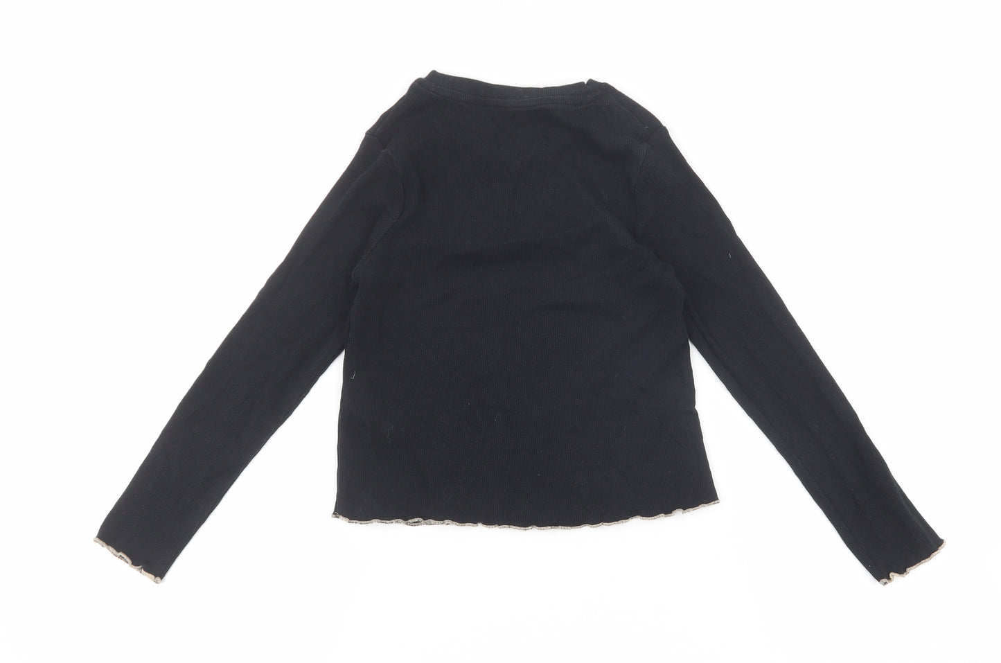 Marks and Spencer Girls Black Cotton Basic T-Shirt Size 6-7 Years Round Neck Pullover - Cat