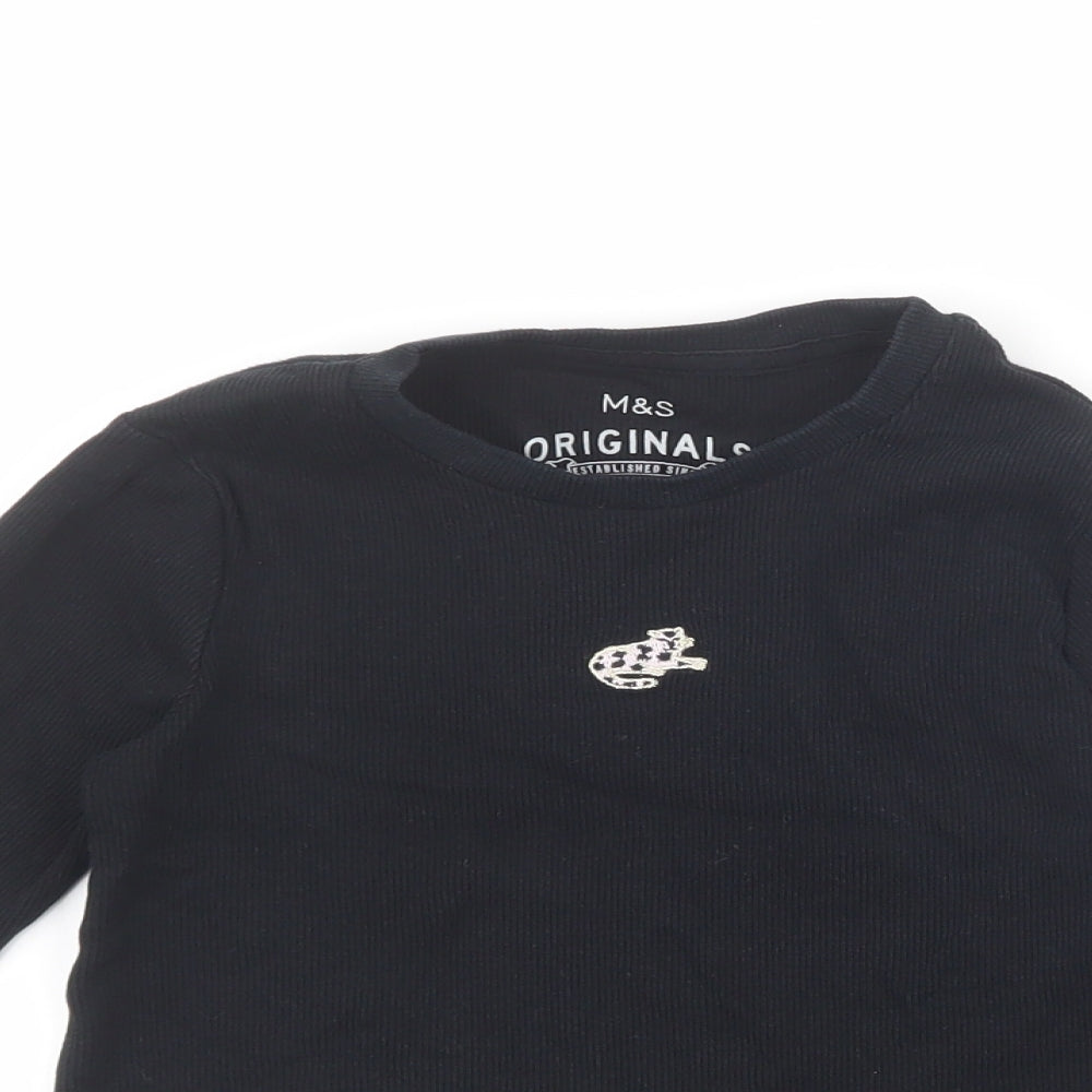 Marks and Spencer Girls Black Cotton Basic T-Shirt Size 6-7 Years Round Neck Pullover - Cat