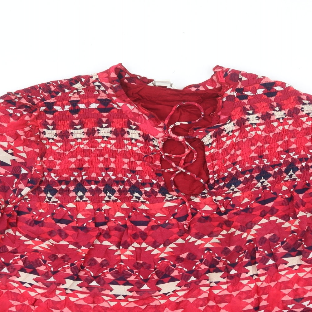 Monsoon Womens Red Geometric Viscose Basic Blouse Size 18 V-Neck - Tie front