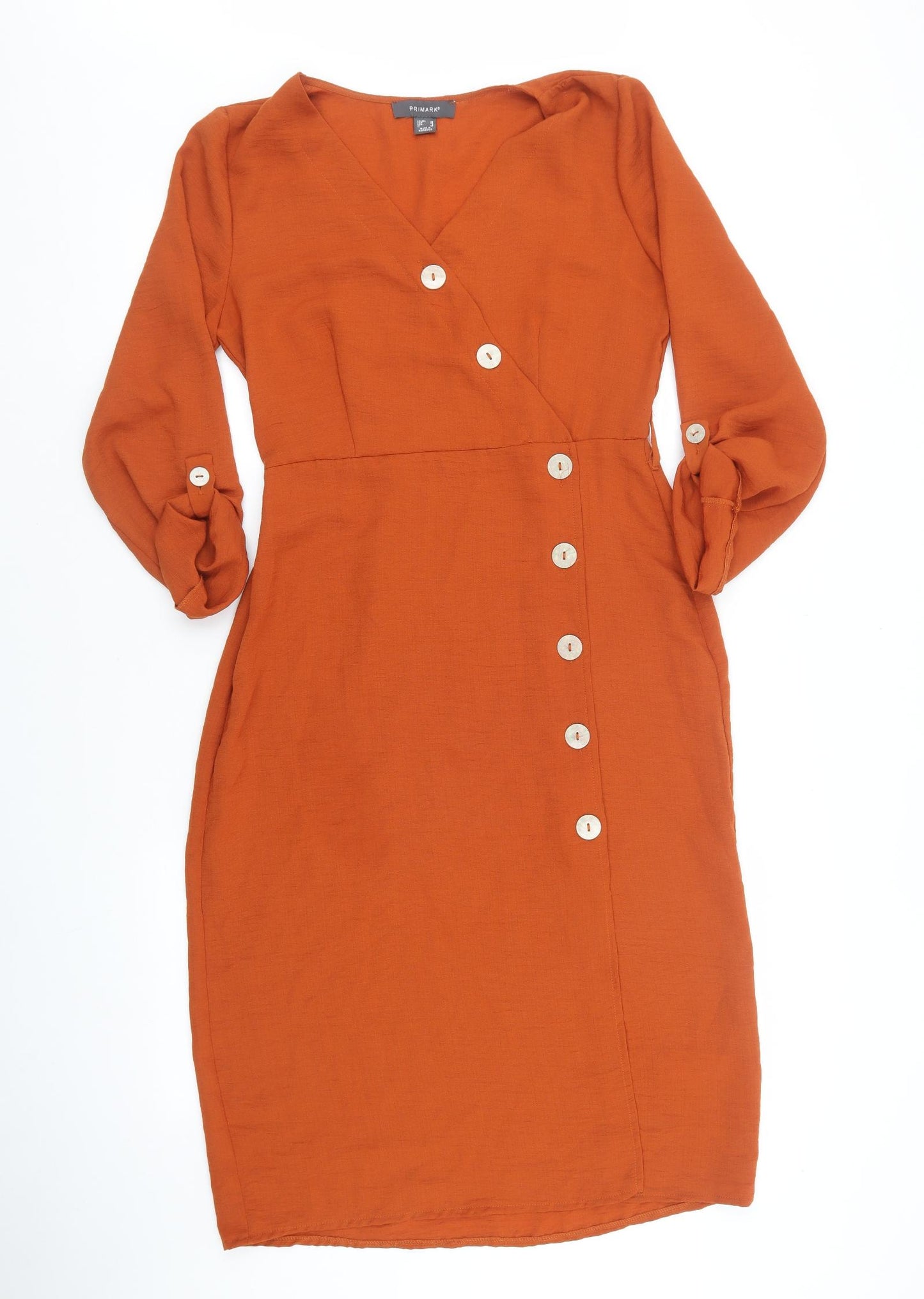 Primark Womens Orange Polyester Shirt Dress Size 10 V-Neck Button - Button Sleeve Detail