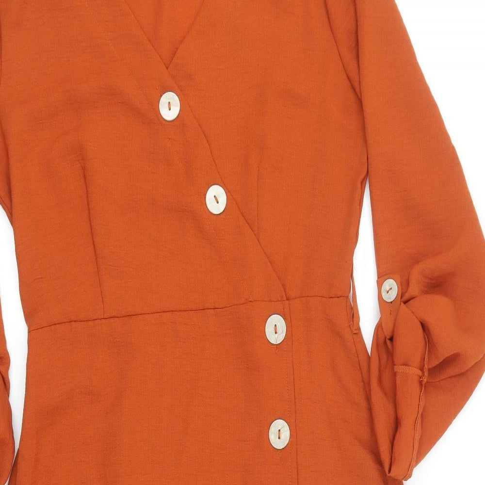 Primark Womens Orange Polyester Shirt Dress Size 10 V-Neck Button - Button Sleeve Detail
