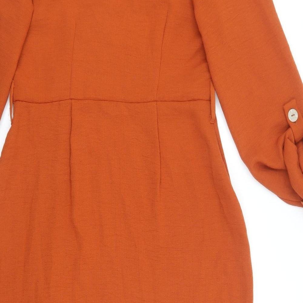 Primark Womens Orange Polyester Shirt Dress Size 10 V-Neck Button - Button Sleeve Detail