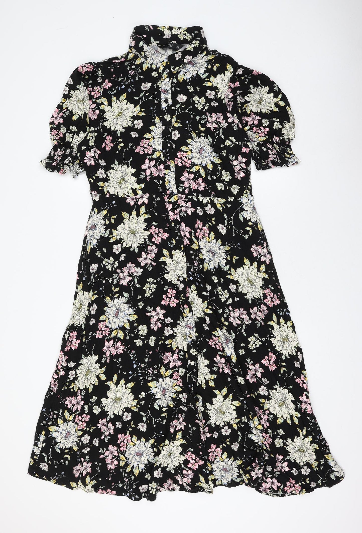 F&F Womens Black Floral Viscose Shirt Dress Size 14 Collared Button