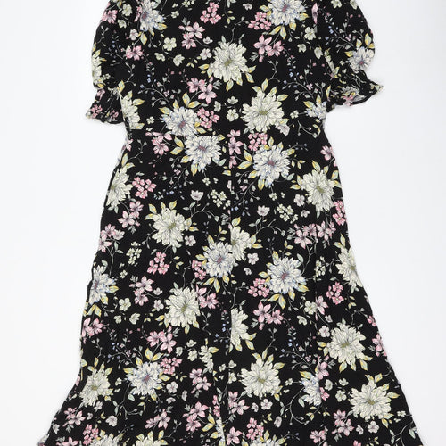 F&F Womens Black Floral Viscose Shirt Dress Size 14 Collared Button