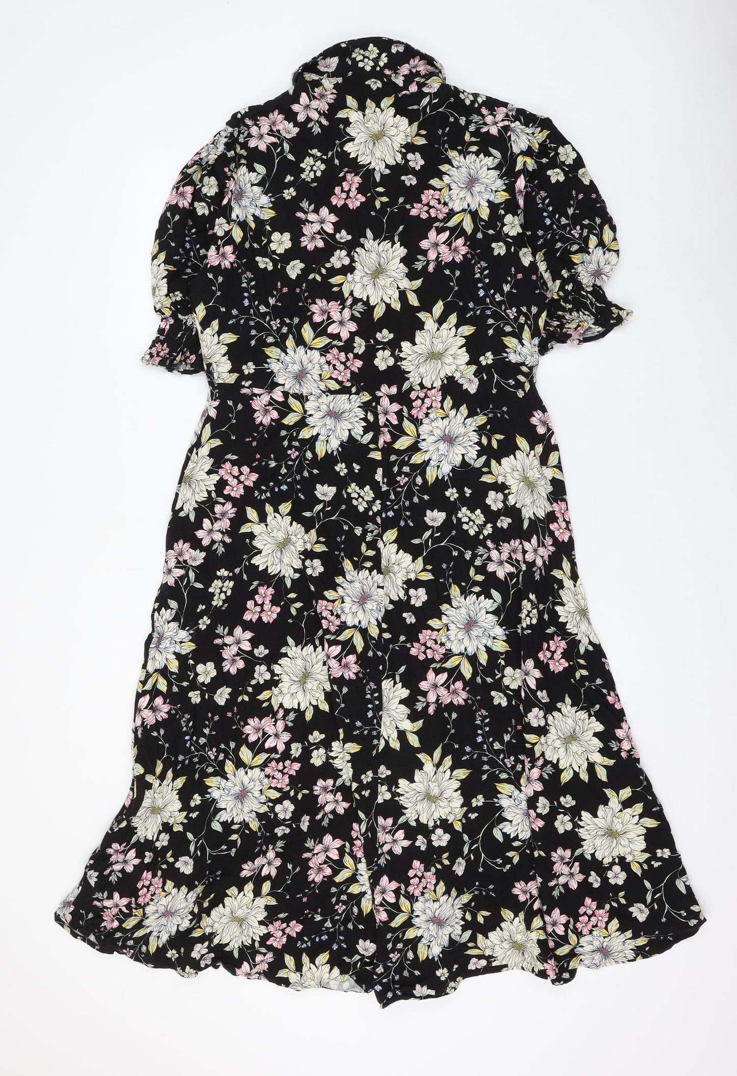 F&F Womens Black Floral Viscose Shirt Dress Size 14 Collared Button