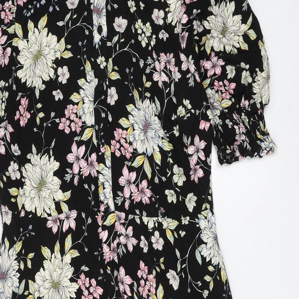 F&F Womens Black Floral Viscose Shirt Dress Size 14 Collared Button