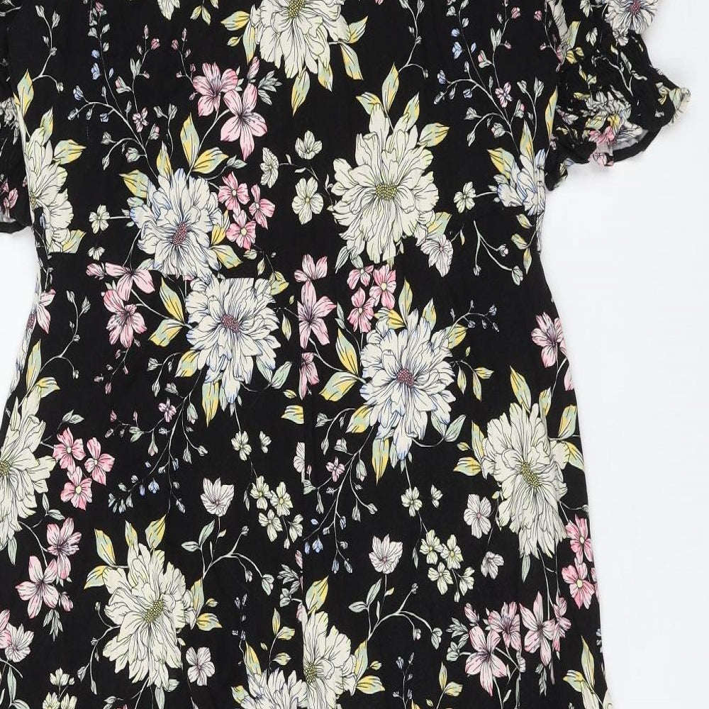 F&F Womens Black Floral Viscose Shirt Dress Size 14 Collared Button
