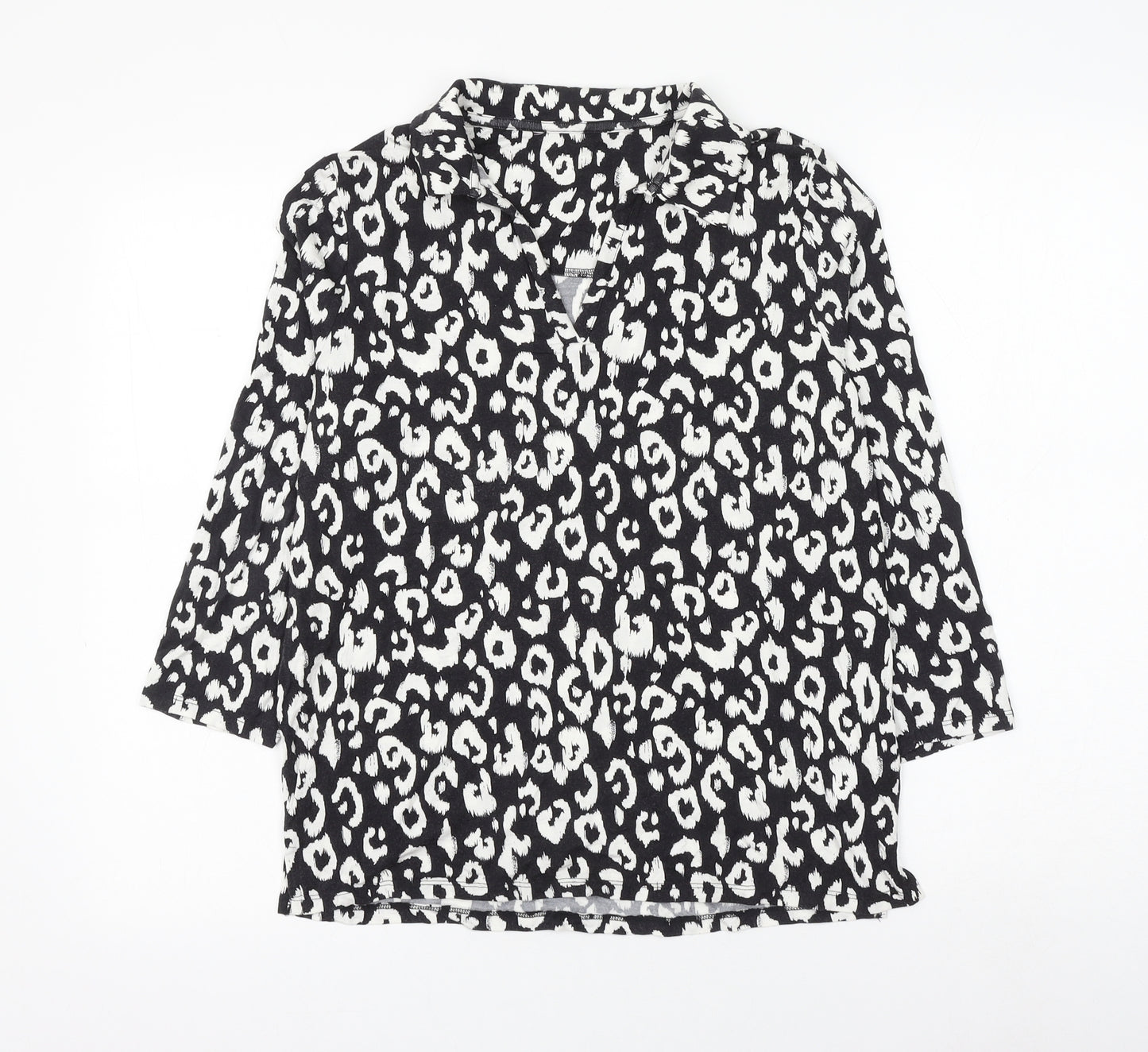TU Womens Black Animal Print Modacrylic Basic Blouse Size 10 Collared - Leopard Print