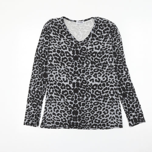Natalia Womens Grey Animal Print Viscose Basic T-Shirt Size M V-Neck - Leopard Print Size M/L