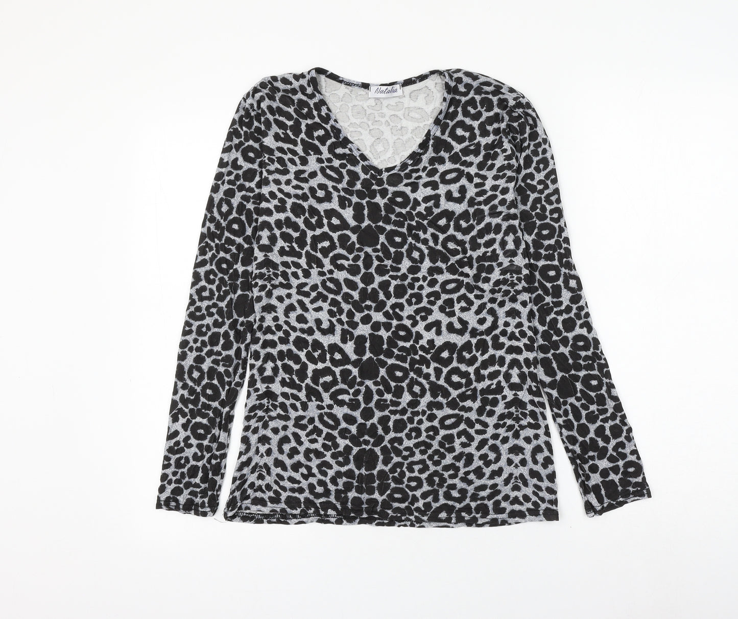 Natalia Womens Grey Animal Print Viscose Basic T-Shirt Size M V-Neck - Leopard Print Size M/L