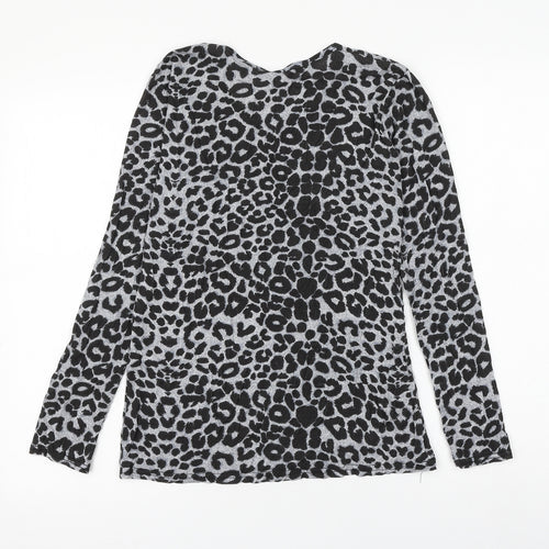 Natalia Womens Grey Animal Print Viscose Basic T-Shirt Size M V-Neck - Leopard Print Size M/L