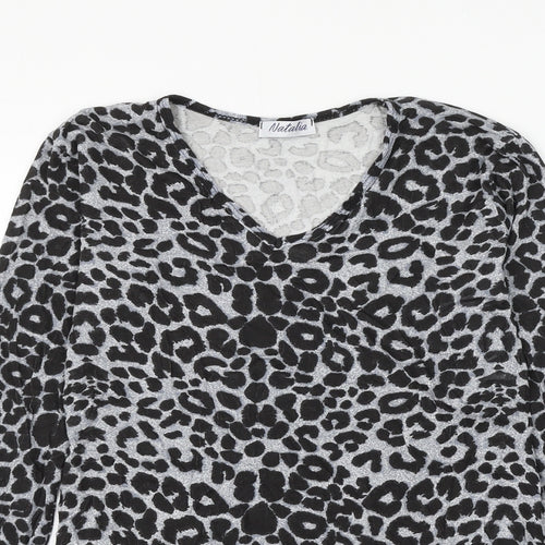 Natalia Womens Grey Animal Print Viscose Basic T-Shirt Size M V-Neck - Leopard Print Size M/L