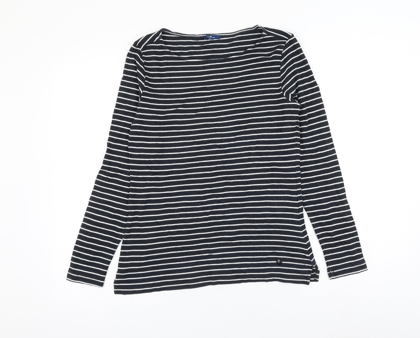 TOM TAILOR Womens Black Striped Cotton Basic T-Shirt Size L Boat Neck