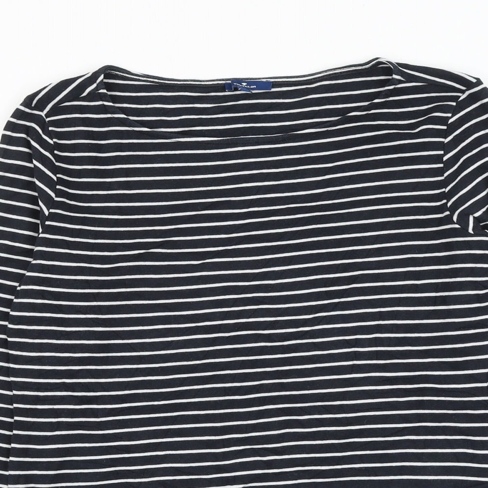 TOM TAILOR Womens Black Striped Cotton Basic T-Shirt Size L Boat Neck