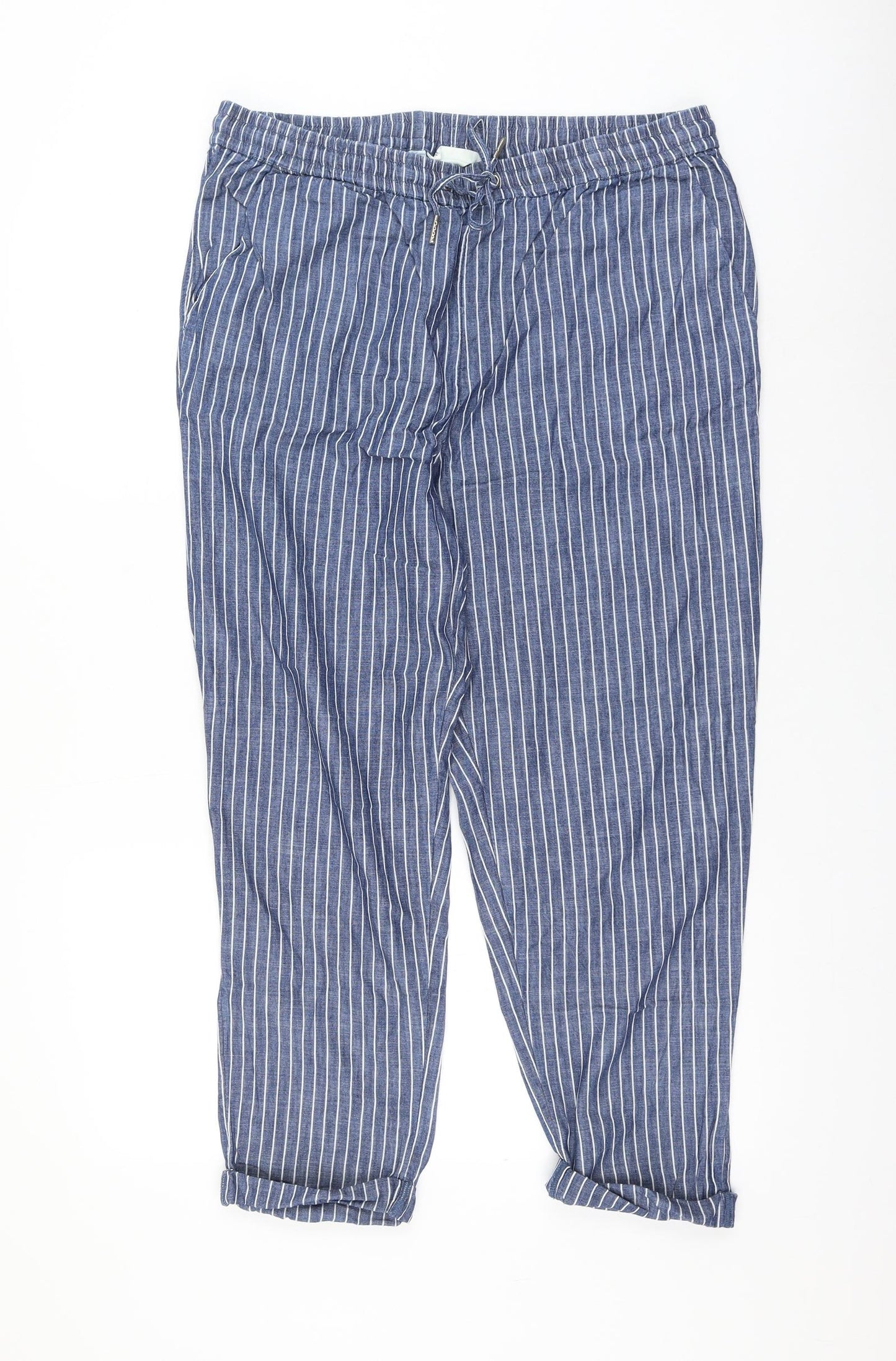H&M Womens Blue Striped Cotton Trousers Size 14 L25 in Regular Drawstring