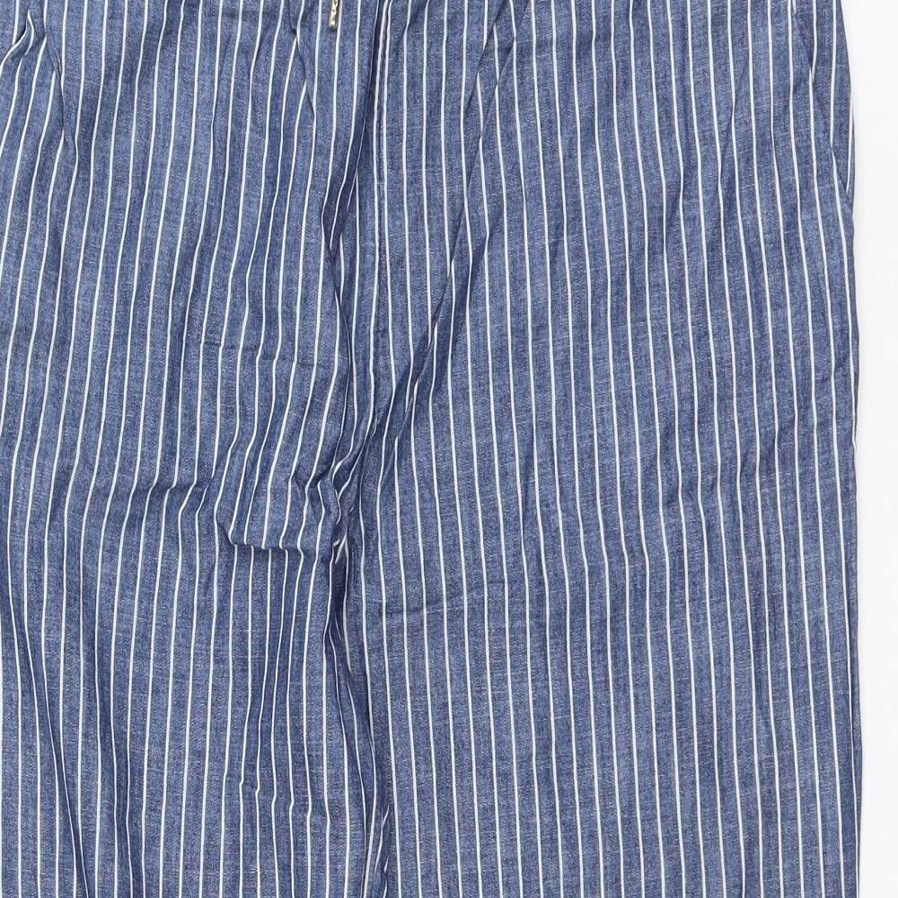 H&M Womens Blue Striped Cotton Trousers Size 14 L25 in Regular Drawstring