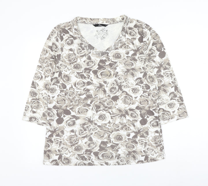 Bonmarché Womens Grey V-Neck Floral Polyester Pullover Jumper Size M