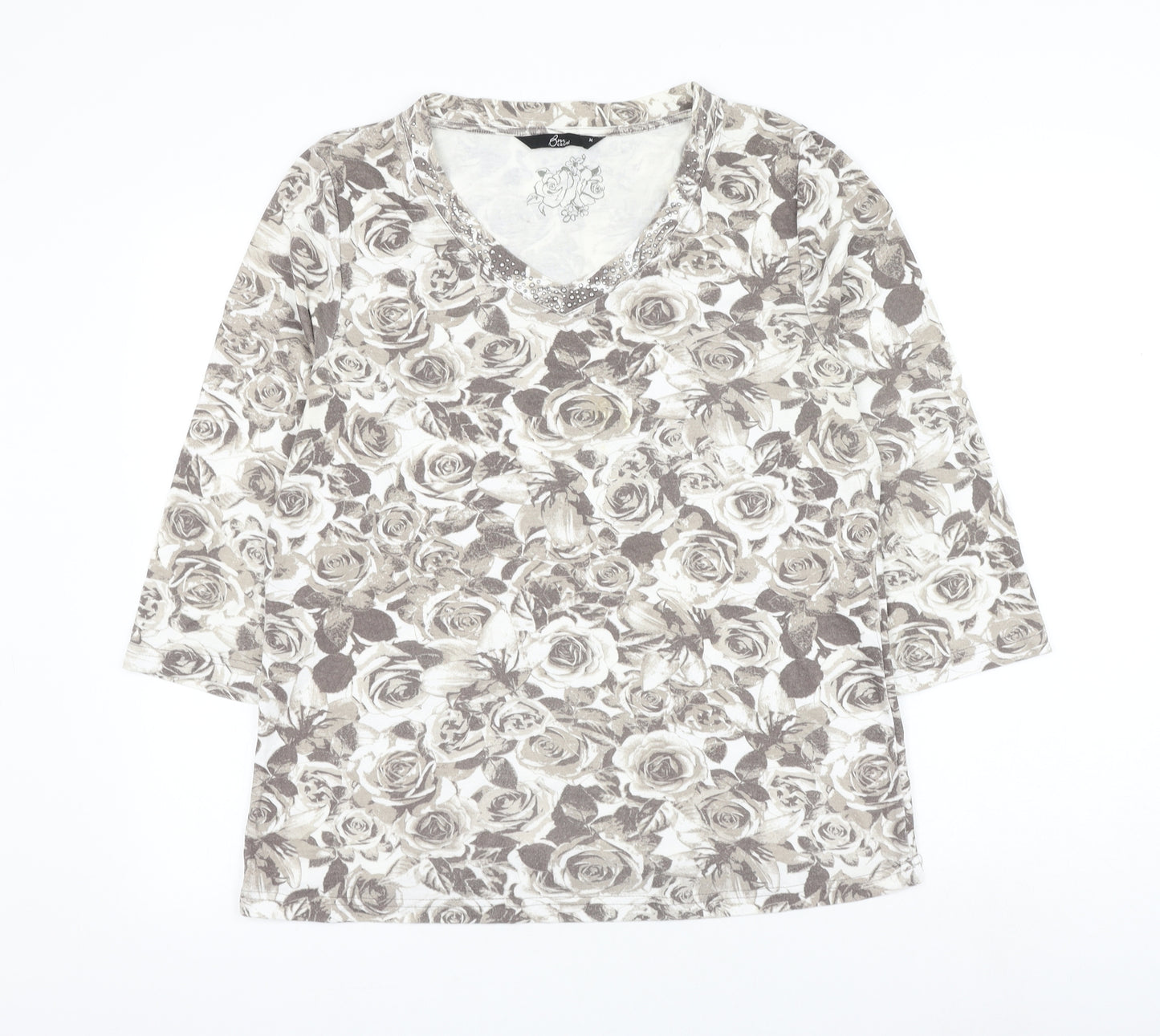 Bonmarché Womens Grey V-Neck Floral Polyester Pullover Jumper Size M