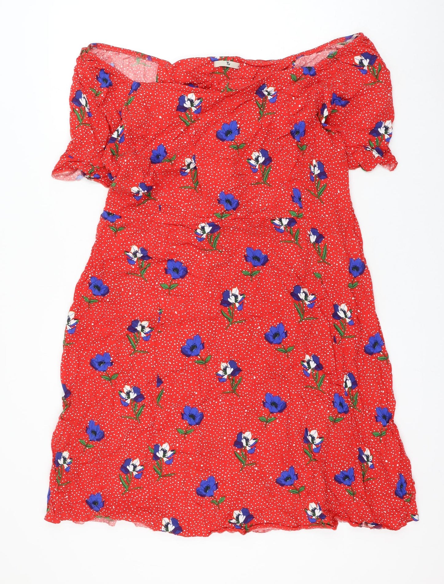 TU Womens Red Floral Viscose Skater Dress Size 24 Boat Neck Lace Up