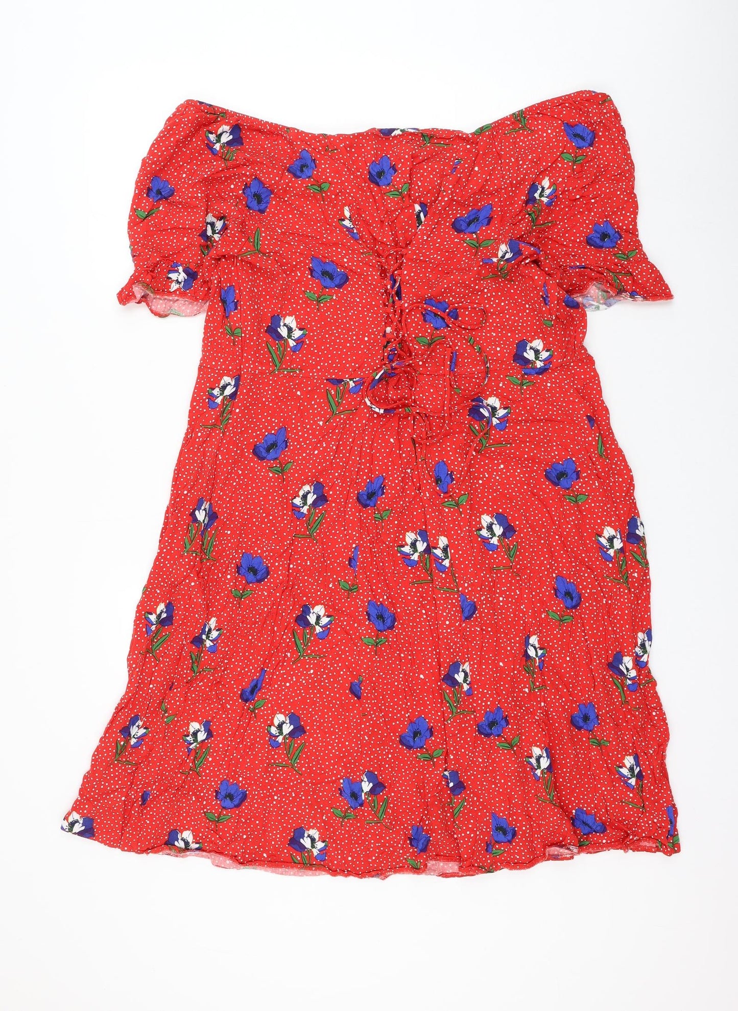 TU Womens Red Floral Viscose Skater Dress Size 24 Boat Neck Lace Up