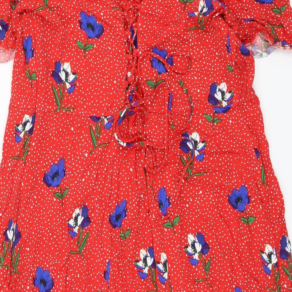 TU Womens Red Floral Viscose Skater Dress Size 24 Boat Neck Lace Up
