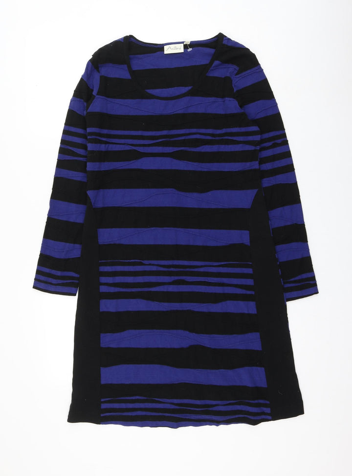 Adini Womens Blue Striped Cotton Shift Size S Round Neck Pullover