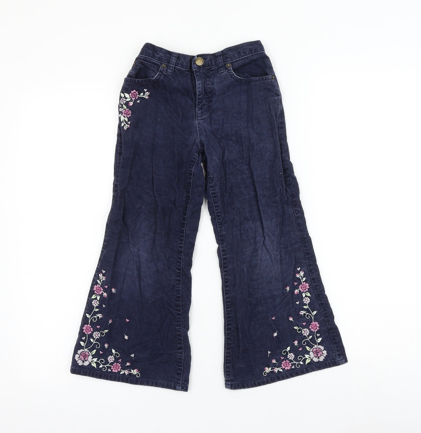 Marks and Spencer Girls Blue Cotton Flared Jeans Size 6 Years Regular Zip - Flower
