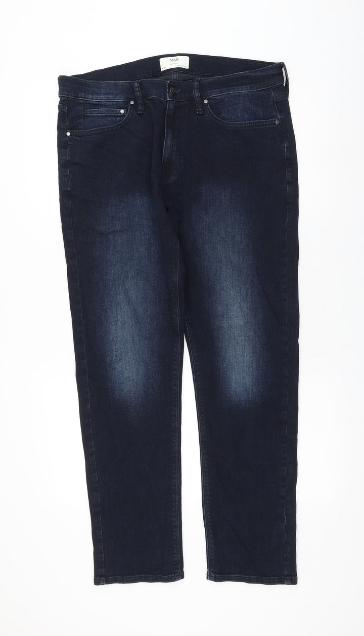 Marks and Spencer Womens Blue Cotton Straight Jeans Size 34 in L31 in Regular Zip