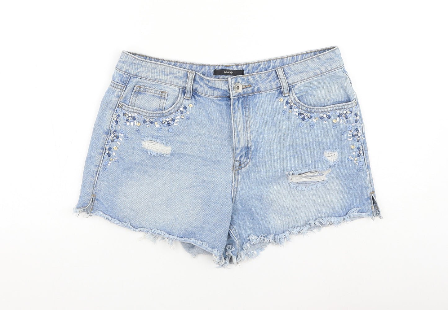 George Womens Blue Cotton Hot Pants Shorts Size 12 L5 in Regular Zip - Distressed
