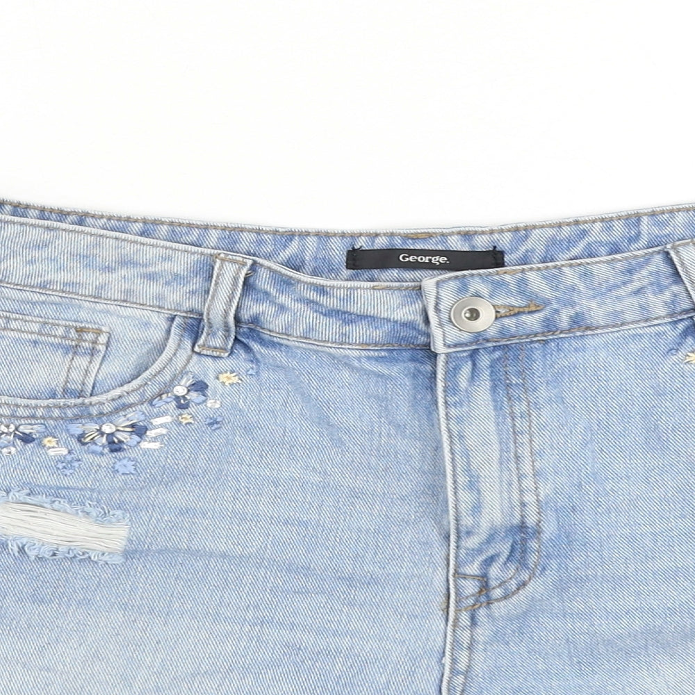George Womens Blue Cotton Hot Pants Shorts Size 12 L5 in Regular Zip - Distressed