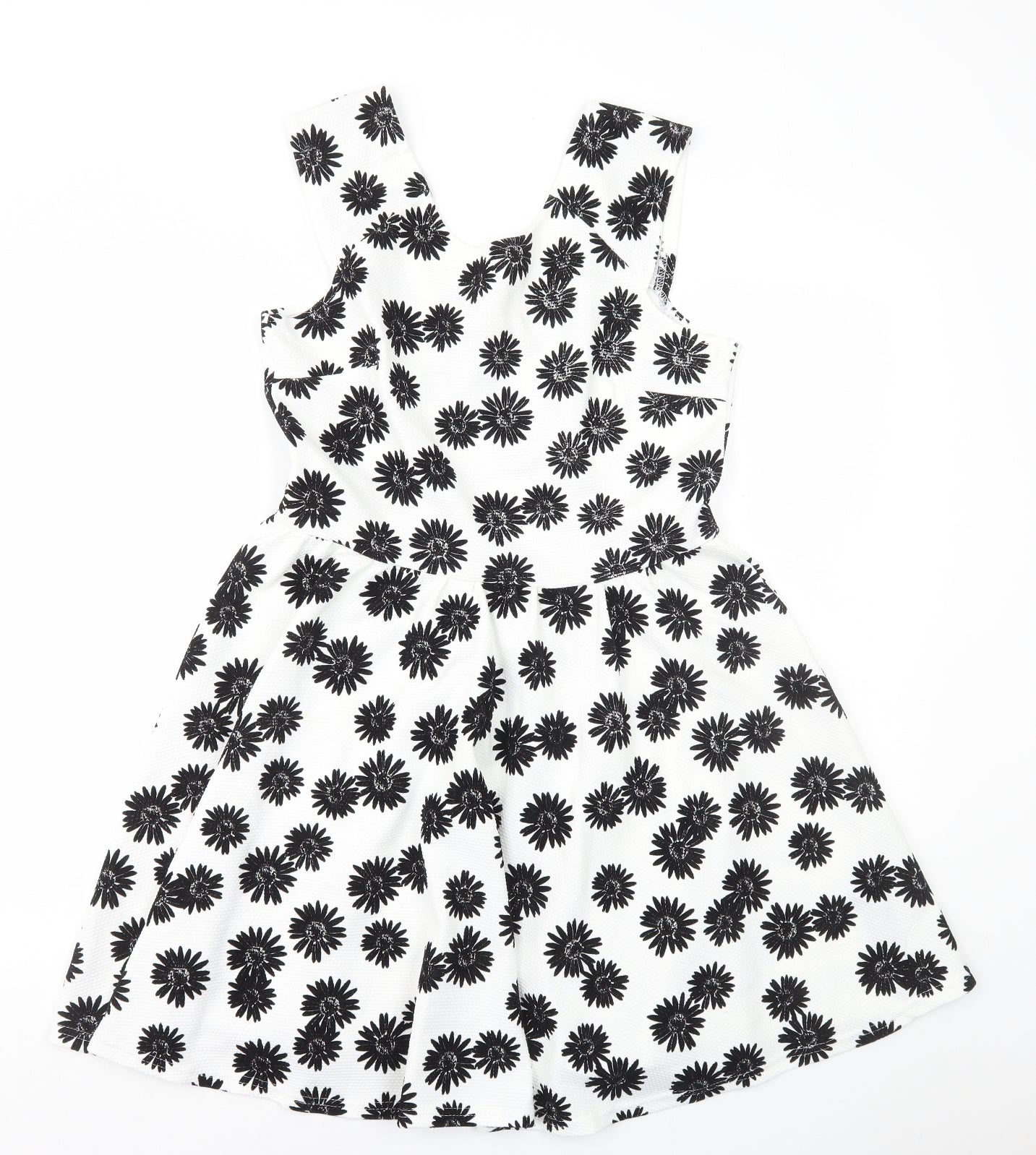 Miss Selfridge Womens White Floral Polyester Skater Dress Size 14 Scoop Neck Pullover
