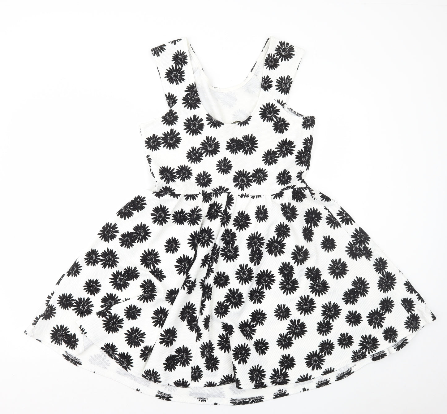 Miss Selfridge Womens White Floral Polyester Skater Dress Size 14 Scoop Neck Pullover