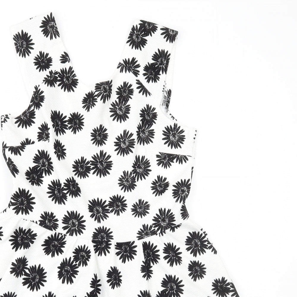 Miss Selfridge Womens White Floral Polyester Skater Dress Size 14 Scoop Neck Pullover